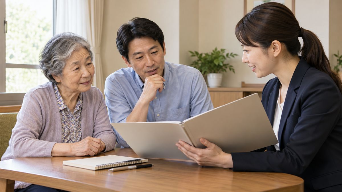 本人と家族が入居について相談するイメージ